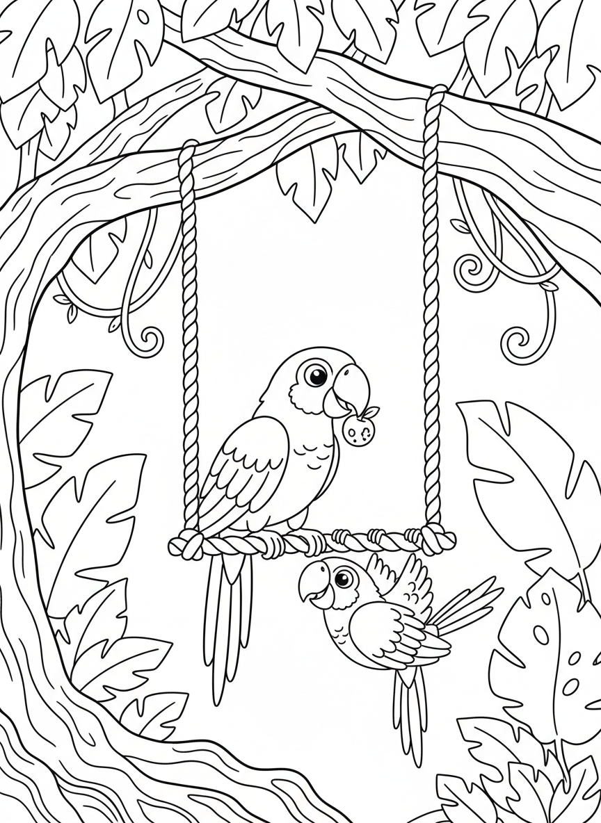 Two colorful parrots playing together on a rope swing hanging from a rainforest tree, with simple leaf patterns in the background.