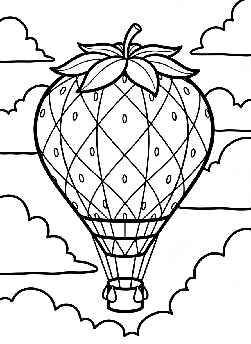 A hot air balloon shaped like a giant strawberry with leaf details at the top, floating among fluffy clouds.