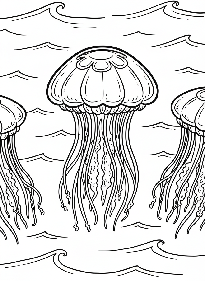 A box jellyfish with a cube-shaped bell and four distinct clusters of tentacles hanging down, floating in open water with simple wave lines.