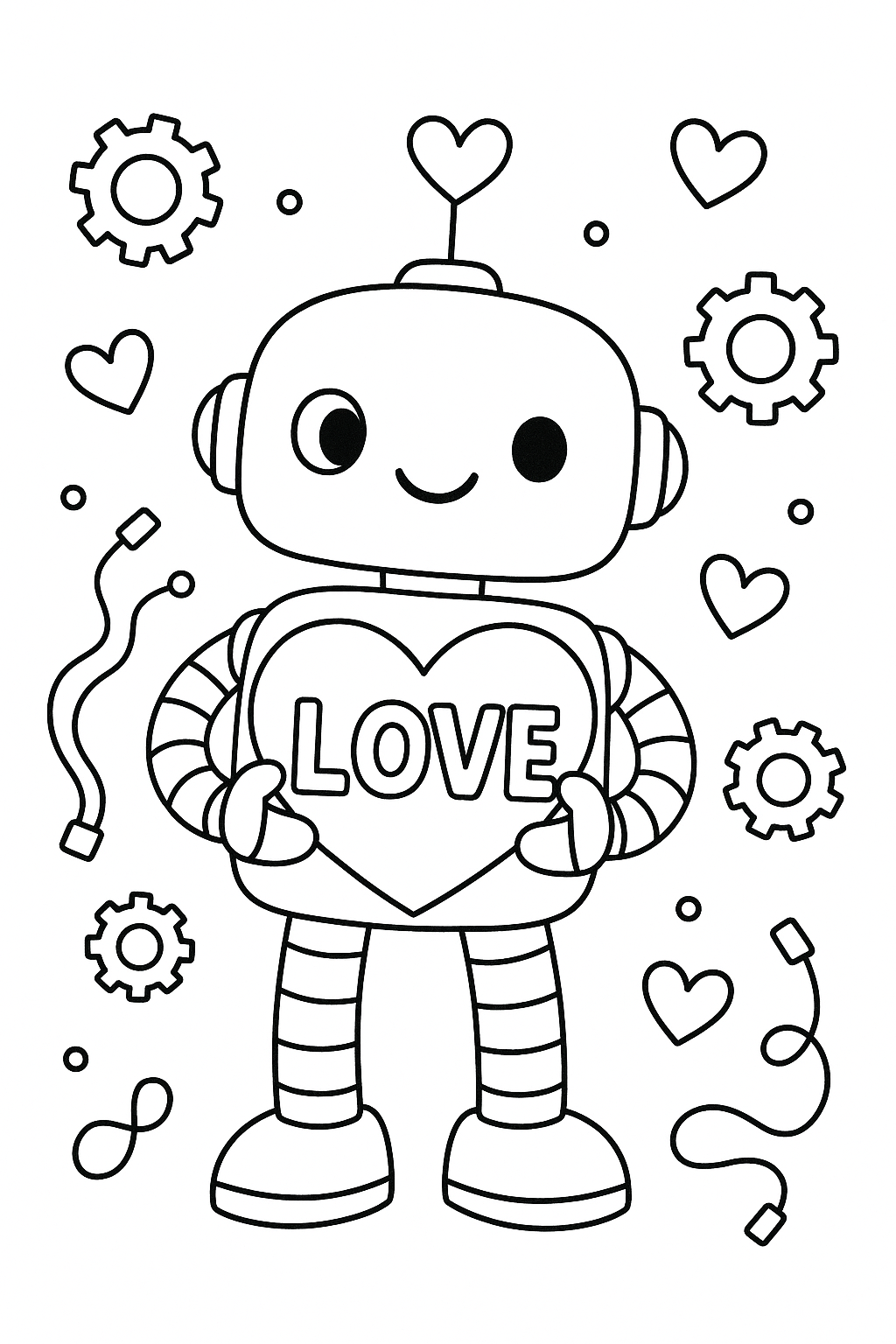 A friendly robot holding a heart-shaped sign that says “LOVE,” surrounded by gears, wires, and floating hearts, playful mix of technology and Valentine’s Day charm