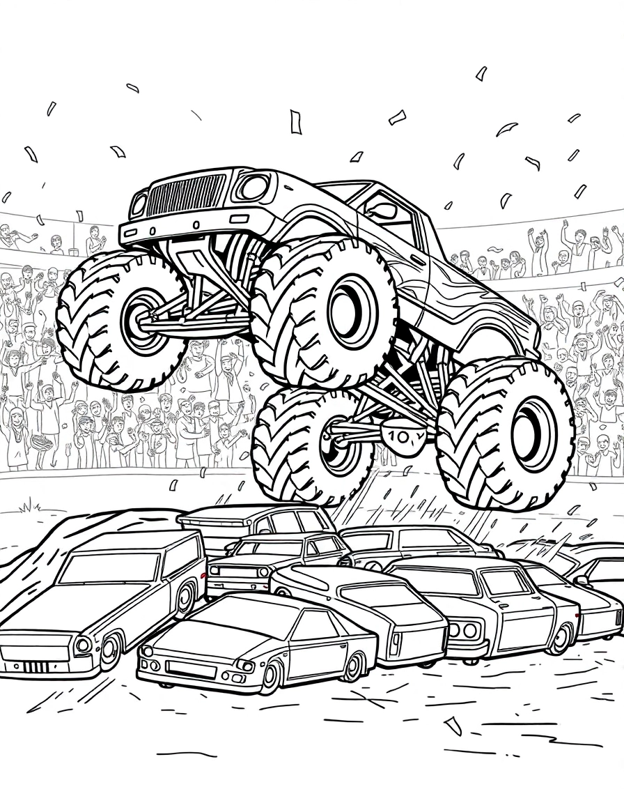 A monster truck jumping over a row of crushed cars in a dirt stadium, cheering crowd in the background, confetti falling