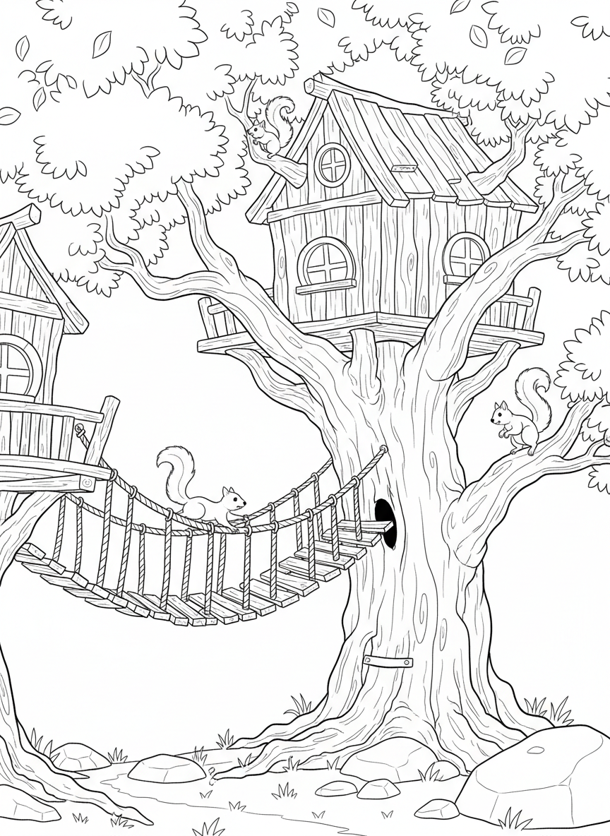 A treehouse with a wobbly rope bridge made of wooden planks and thick ropes, squirrels playing on nearby branches