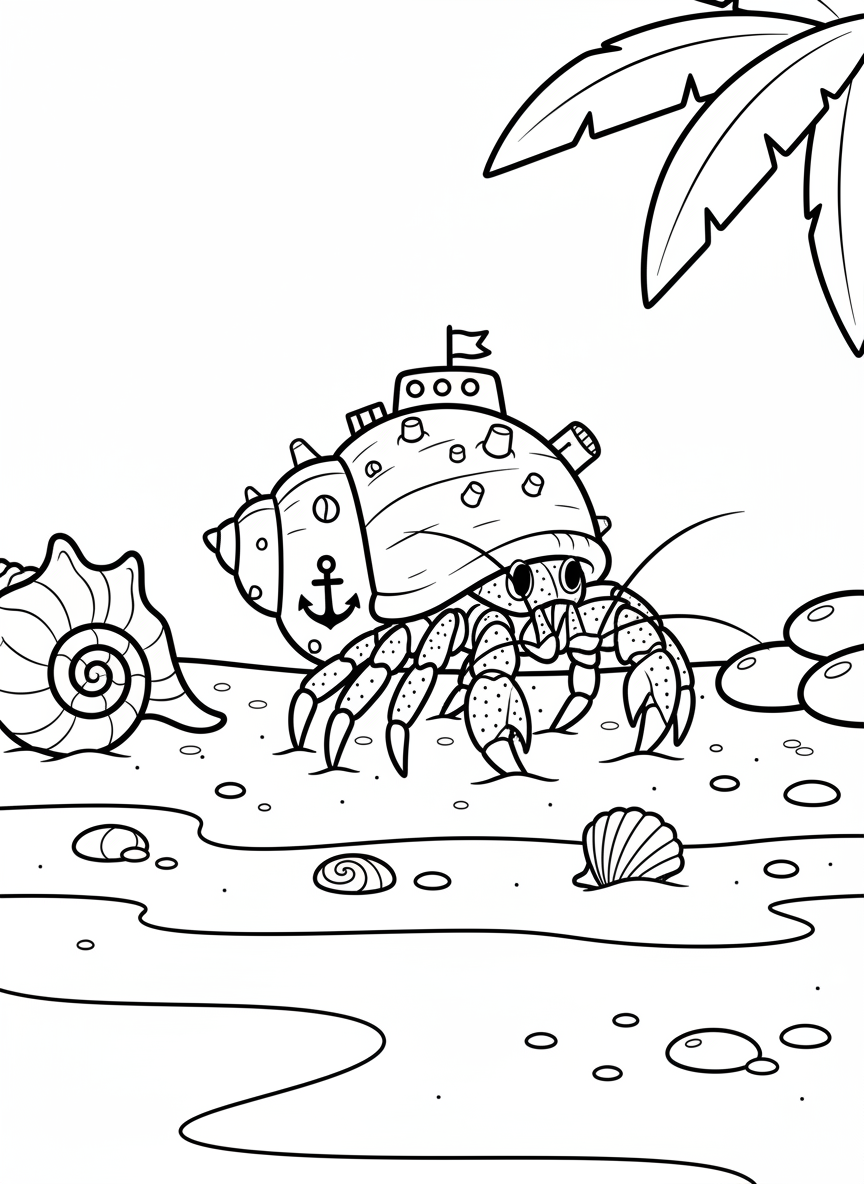 A hermit crab peeking out from its decorated shell, walking across a sandy beach with small pebbles and seashells nearby.