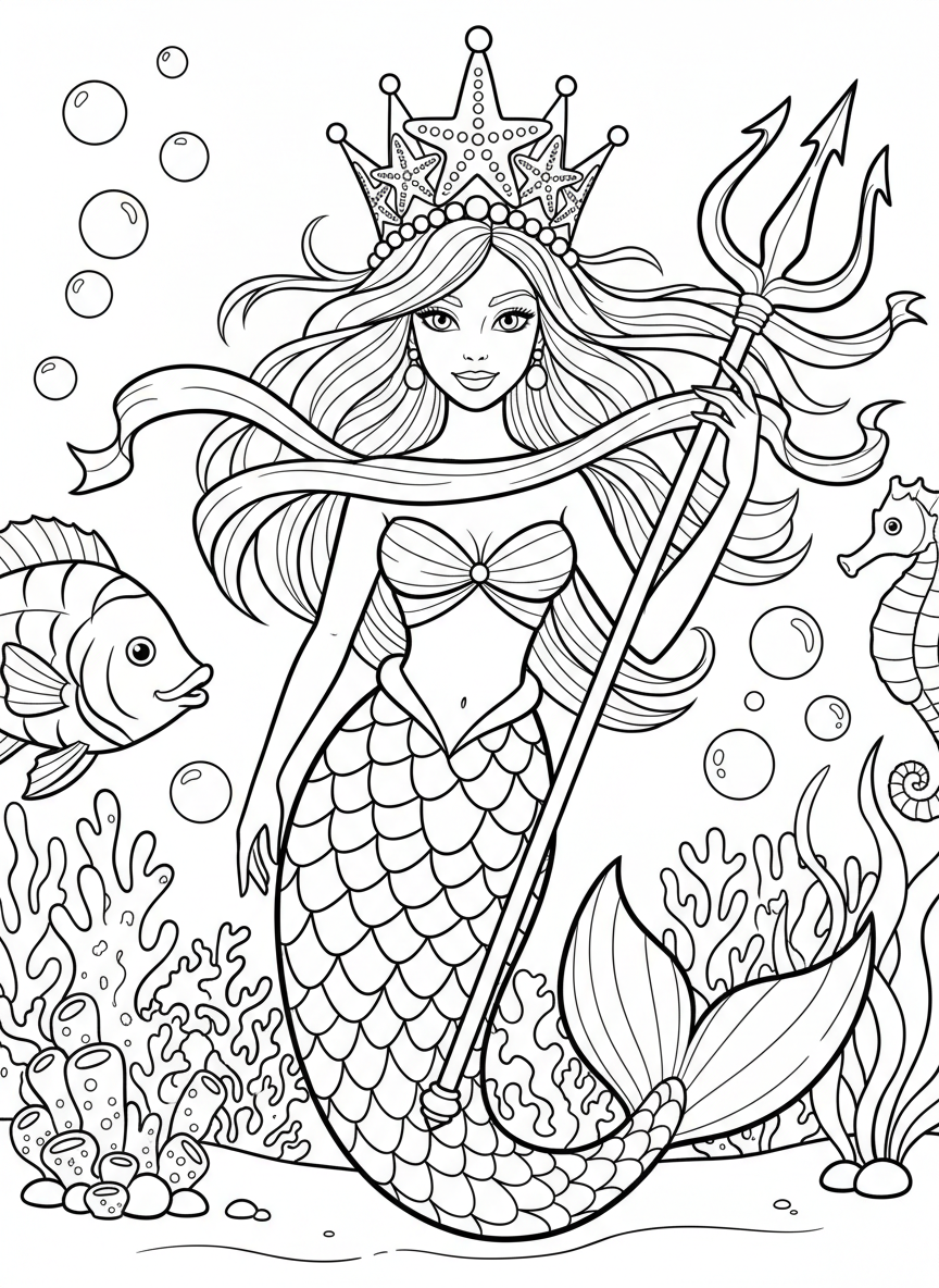 Mermaid princess wearing a crown made of starfish and pearls, holding a trident decorated with ribbons, regal portrait-style line art coloring page