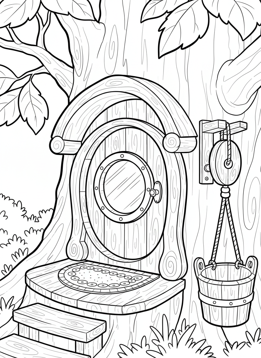 Close-up view of a treehouse entrance with a round porthole door, a welcome mat, and a pulley system with a bucket for lifting supplies.