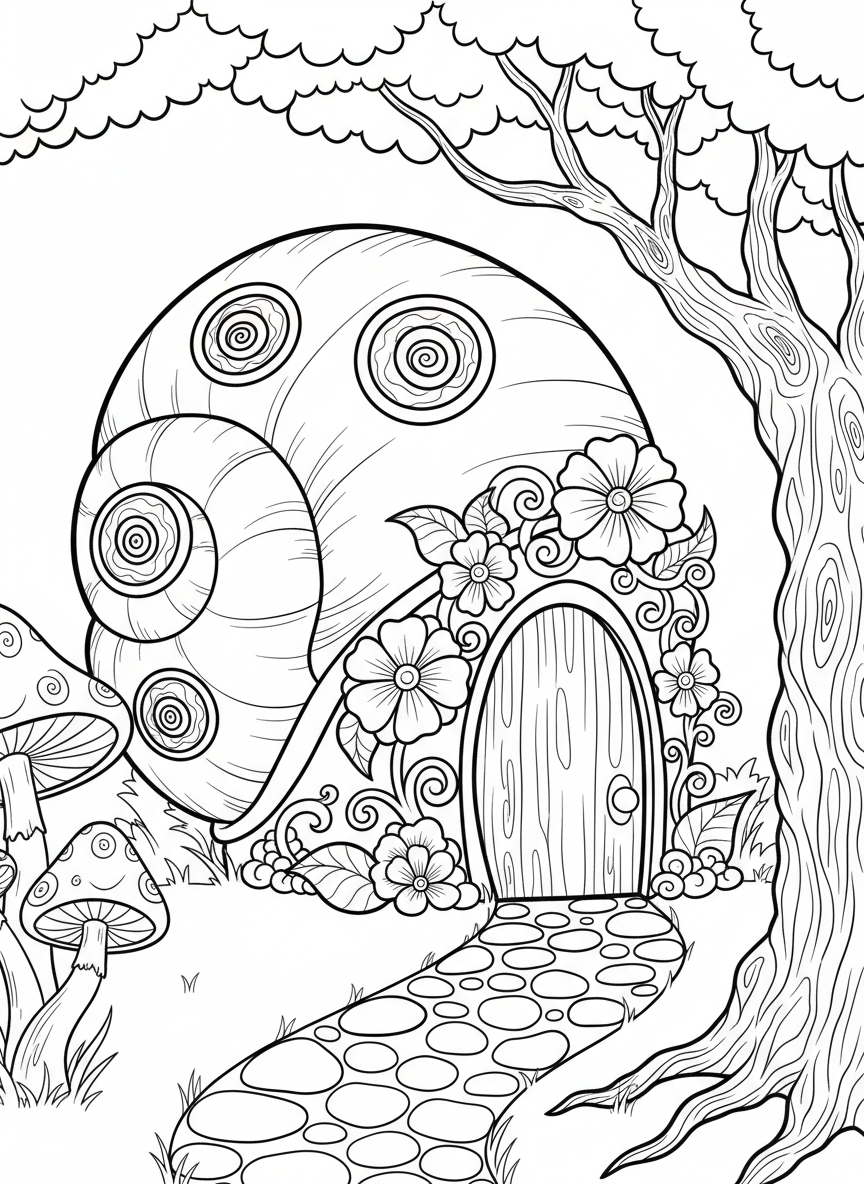 A magical fairy house shaped like a snail shell with spiral windows, a rounded door, and colorful flower decorations.