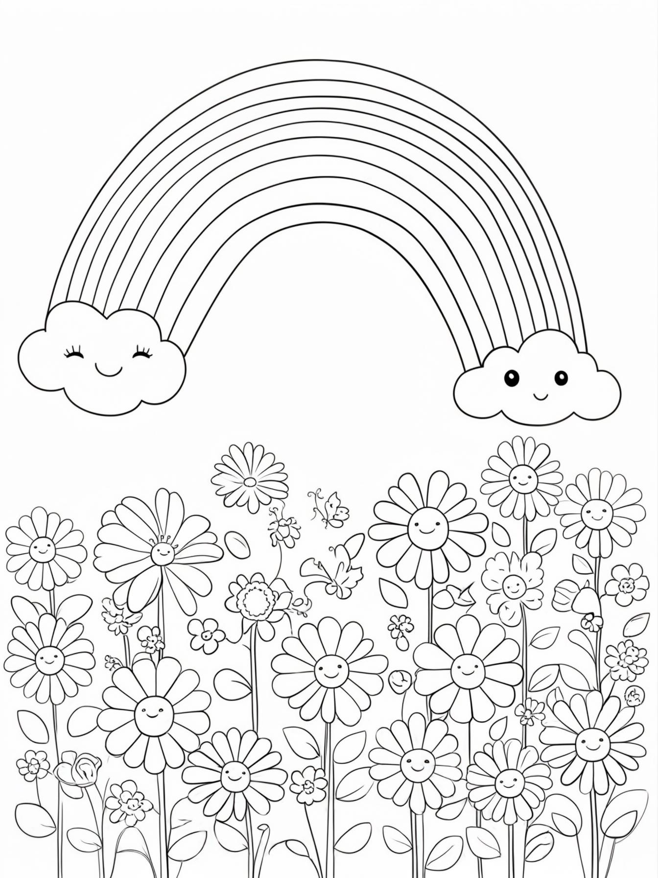 A large, simple rainbow arching over a field of easy-to-color flowers, with a smiling cloud at each end.