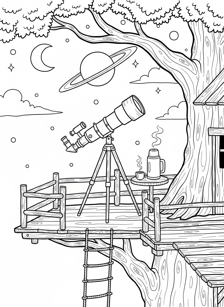 A treehouse platform with a refractor telescope on a tripod, a thermos of hot cocoa, and Saturn visible in the sky.