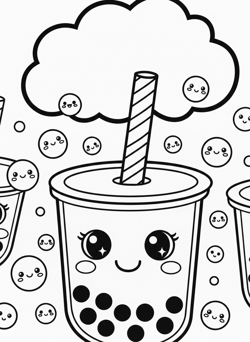 A smiling boba tea cup with big sparkling eyes, rosy cheeks, and a striped straw, surrounded by floating tapioca pearls with happy faces
