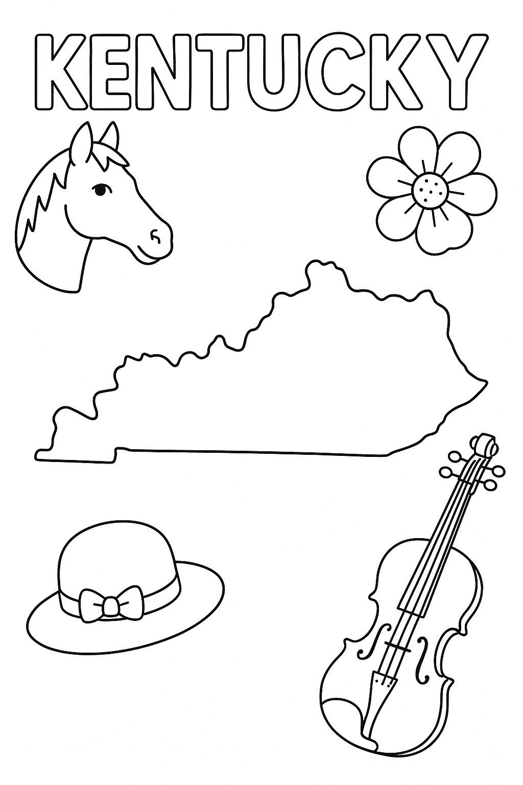 Write “Kentucky” once at the top in outlined letters. Make the state outline prominent and centered. Add one horse, one derby hat, one flower, and one violin in corners.