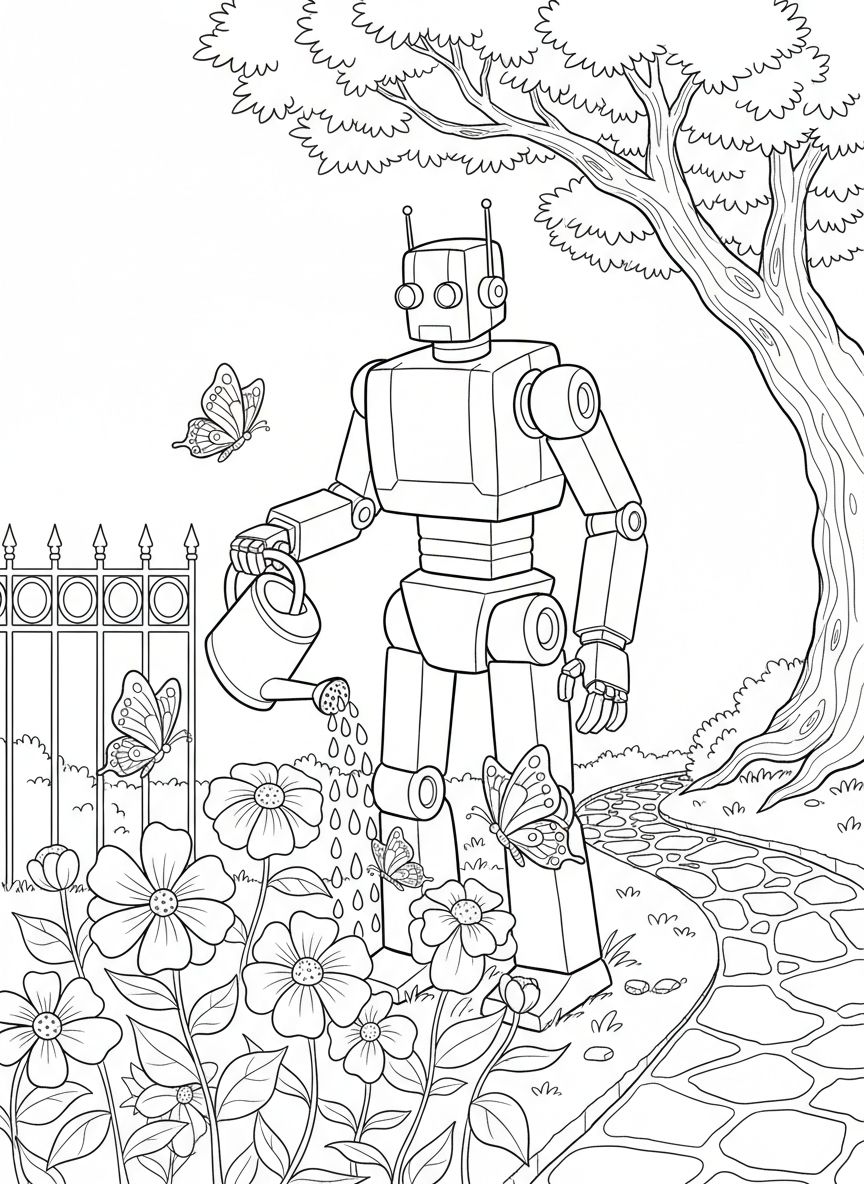A tall humanoid robot with rectangular body panels and jointed arms watering flowers in a garden with butterflies nearby.