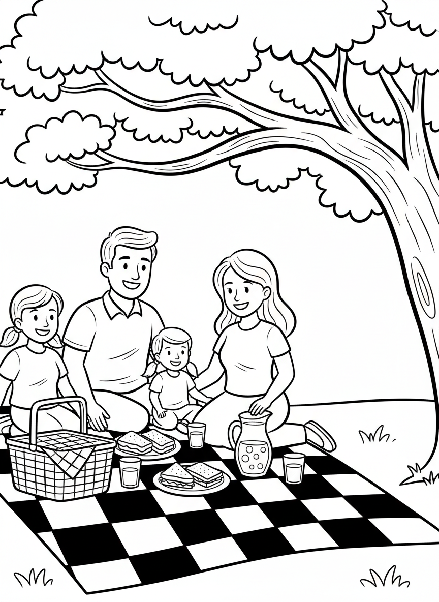 A cheerful family sitting on a checkered picnic blanket under a large tree, with a picnic basket, sandwiches, and lemonade spread out around them.