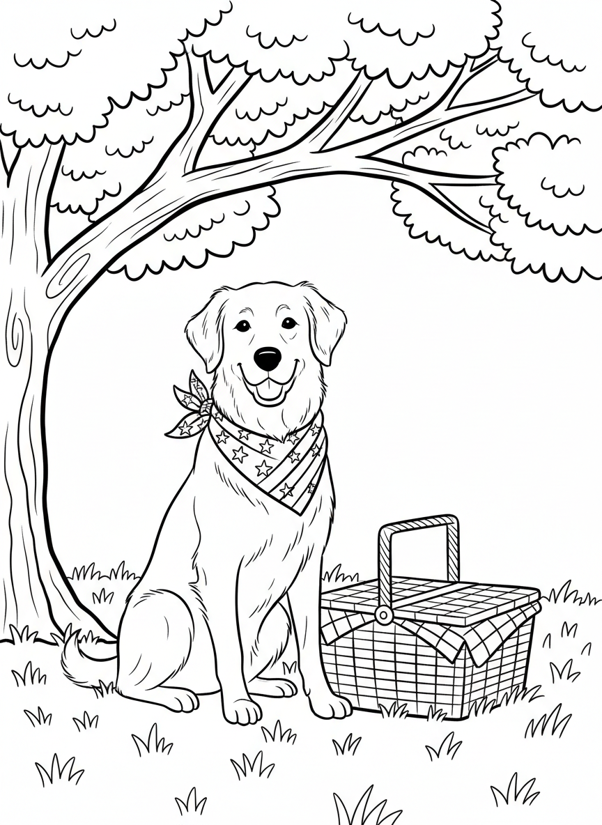 A friendly dog wearing a bandana with stars and stripes, sitting next to a picnic basket under a shady tree.