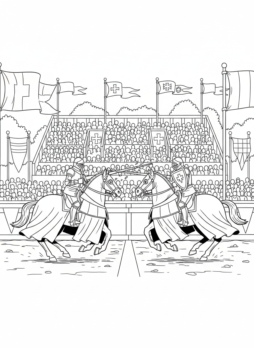 Two knights jousting on horseback in a tournament arena, with spectator stands and colorful banners in the background.