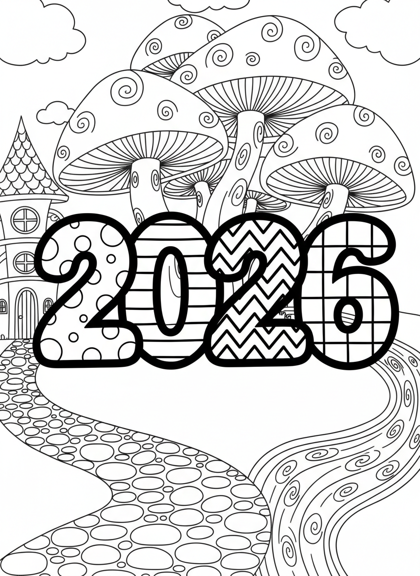 Big bubbly numbers '2026' filled with different patterns like polka dots, stripes, and zigzags, ready to be colored in bright colors.