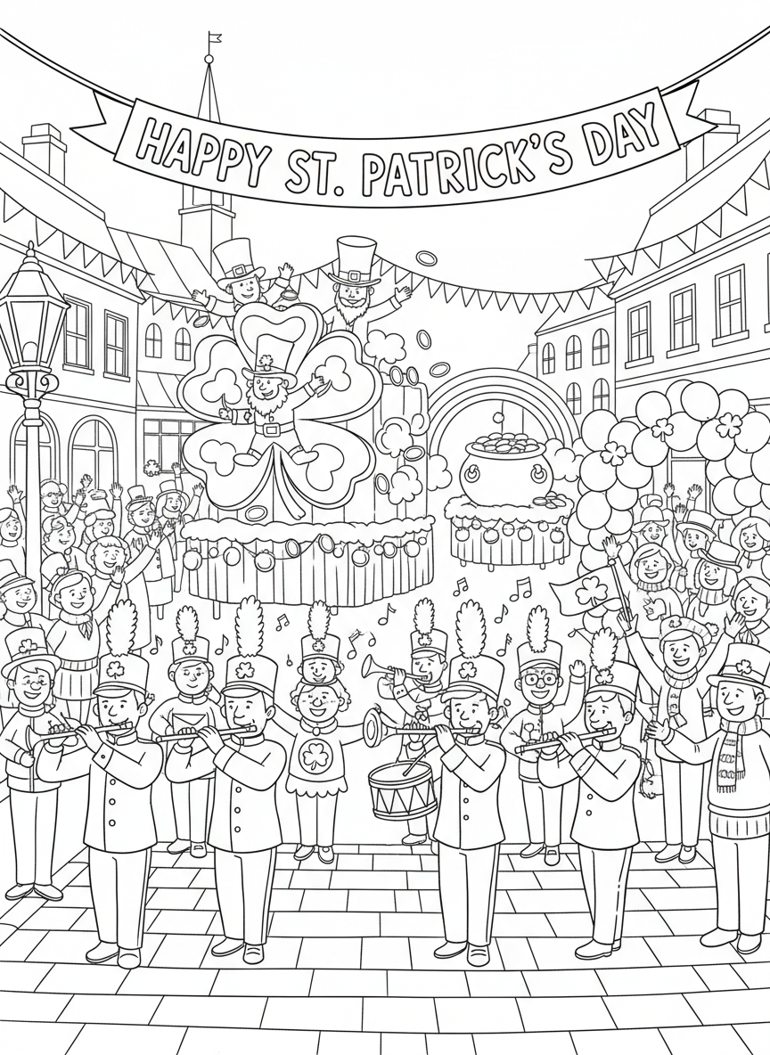 Saint Patrick Parade coloring page prompts featuring marching bands, festive floats, green costumes, and lively crowds.	Marchers dressed in green uniforms stepping in rhythm, instruments shining as music fills the street.