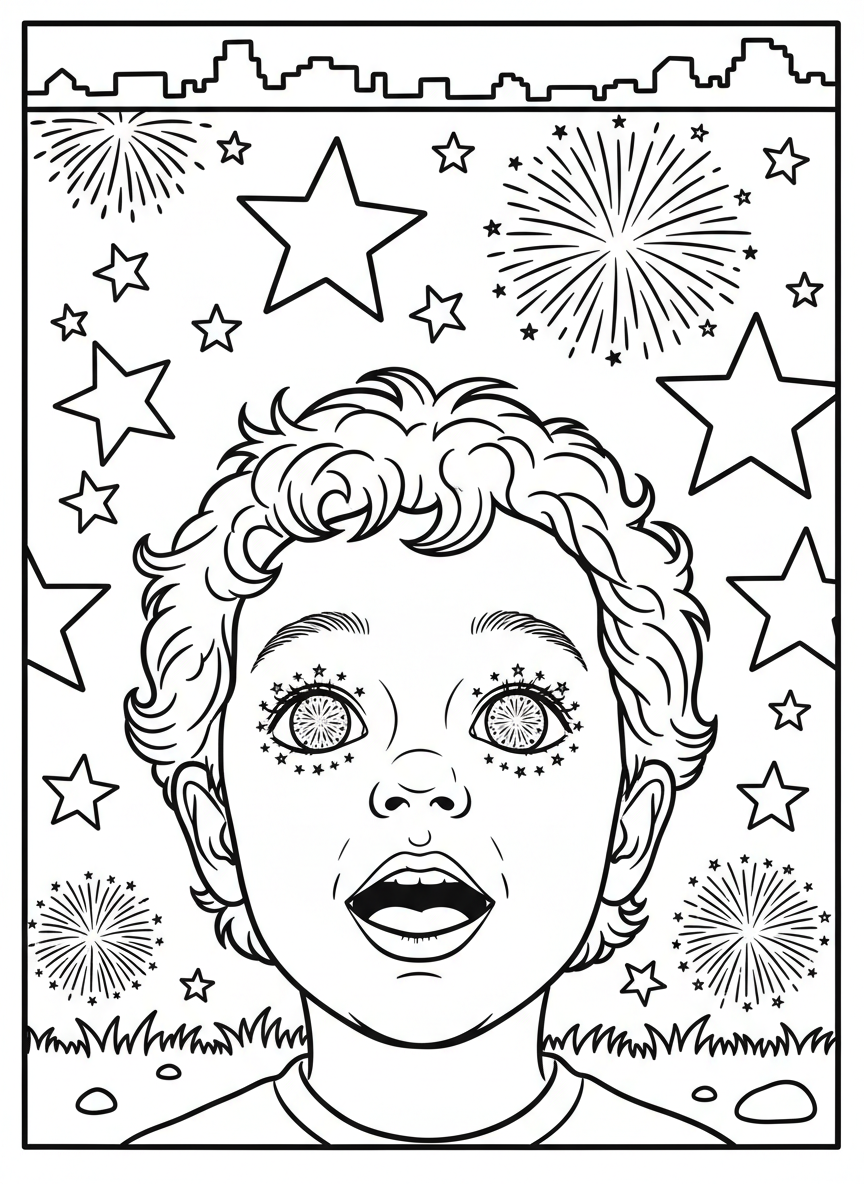 A close-up of a child's face looking up in wonder with fireworks reflecting in their eyes, stars scattered in the background.