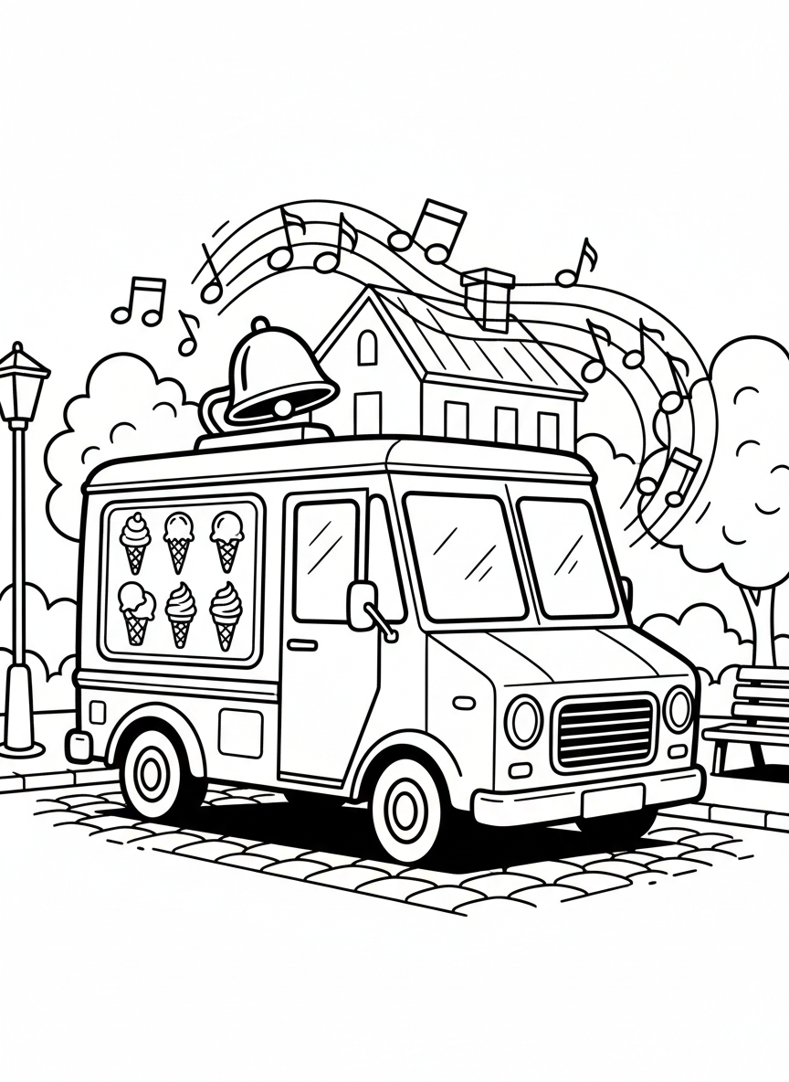 A colorful ice cream truck with musical notes around it, featuring a menu board with different ice cream cone shapes and a bell on top.