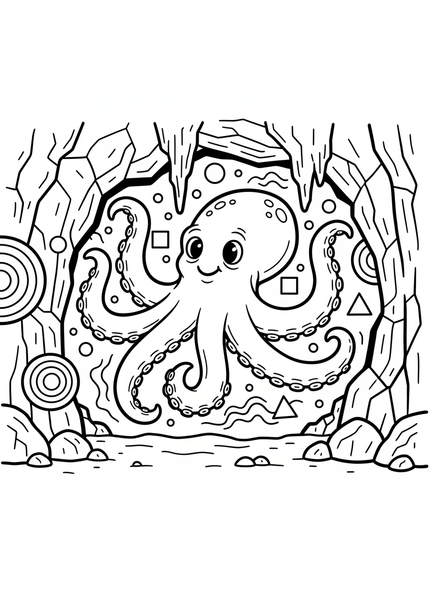 A friendly octopus swimming through an underwater cave entrance with large stalactites hanging from the ceiling, simple geometric shapes and clean outlines