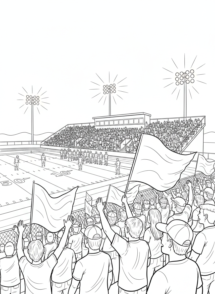 Friday Night Lights coloring page prompts capturing high school football atmosphere, community pride, and glowing stadium scenes.	A packed student section waving banners and chanting in unison.