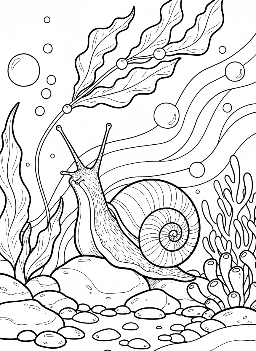 A periwinkle snail reaching up toward a strand of seaweed, with its shell and tentacles clearly visible