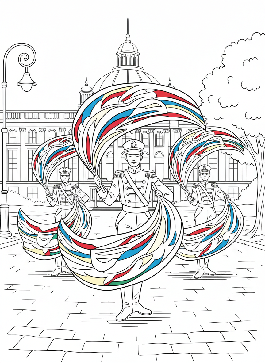 Three flag twirlers spinning colorful flags in synchronized poses, wearing matching parade uniforms with boots.