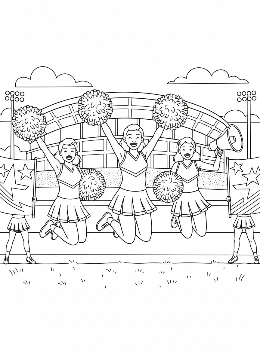 Cheerleaders with pom-poms jumping in the air on the sidelines, megaphone and spirit signs visible, energetic opening day scene.