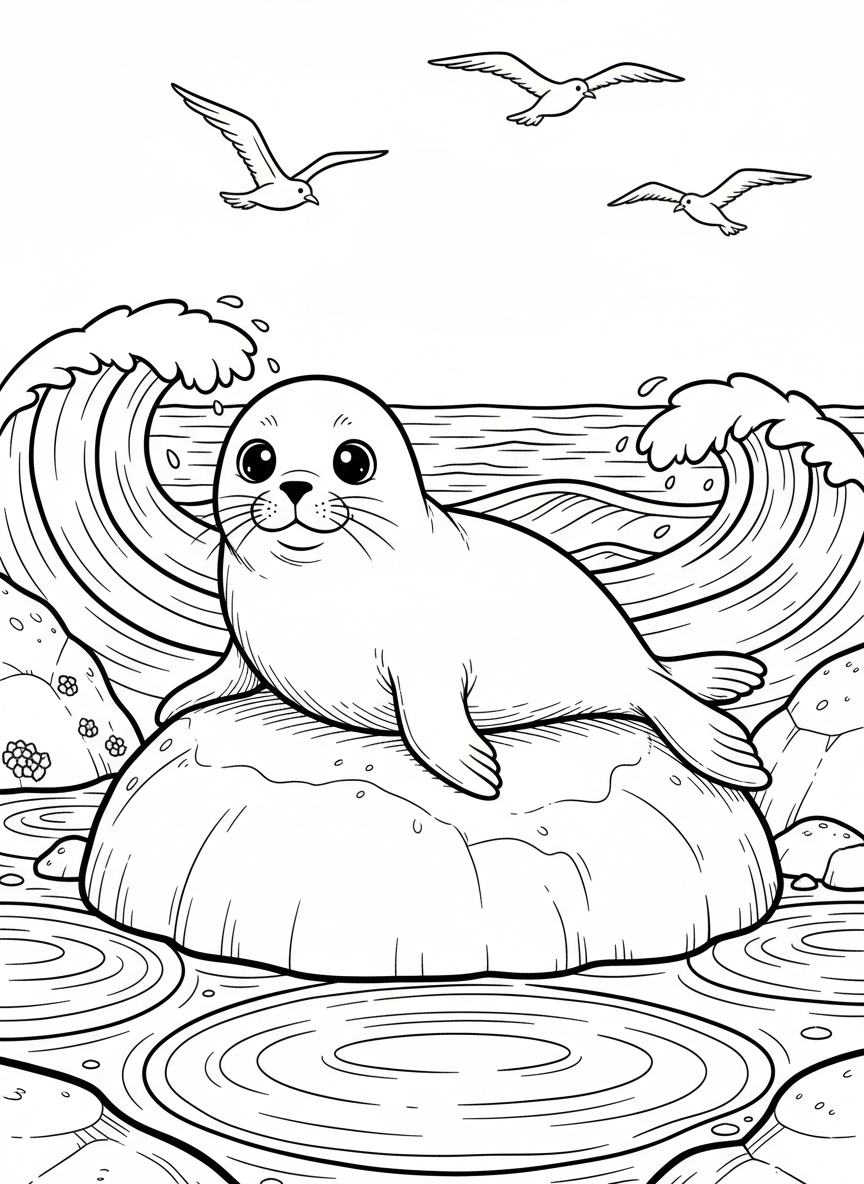 A friendly seal pup resting on rocks near tide pools with seabirds flying overhead and waves in the background.