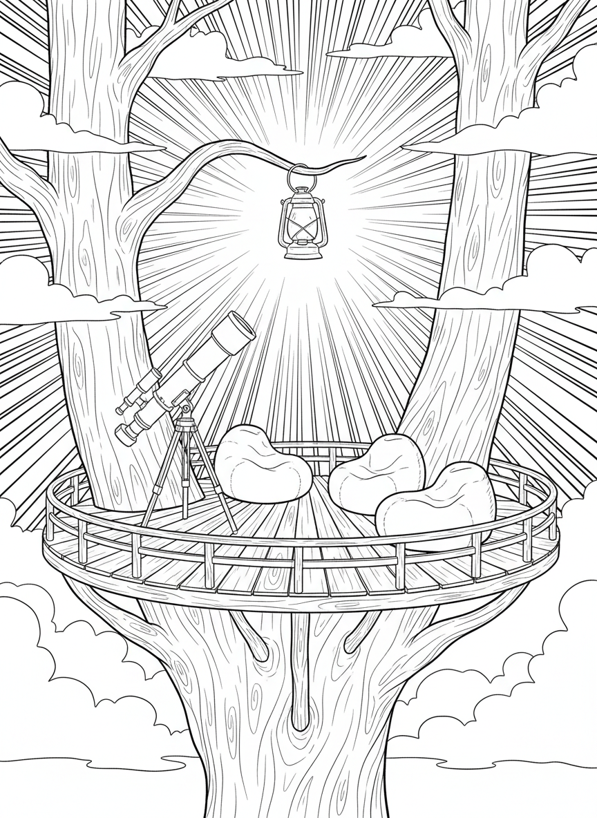 A wide treehouse platform built between two trees with a telescope, bean bags, and a lantern, stars twinkling above.