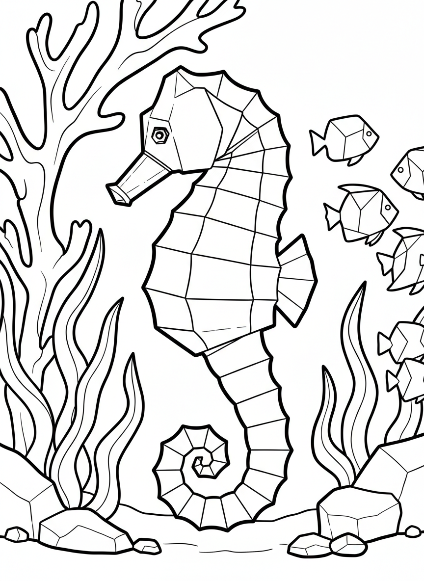A detailed origami seahorse with geometric curved body segments and angular tail, displaying clear paper fold lines.