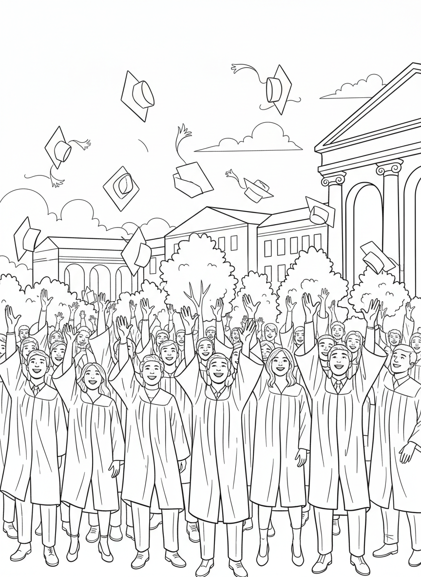 Graduation Day coloring page prompts celebrating achievement, ceremony, pride, and major life milestones.	Caps tossed into the air in unison, frozen in a moment of celebration and accomplishment.
