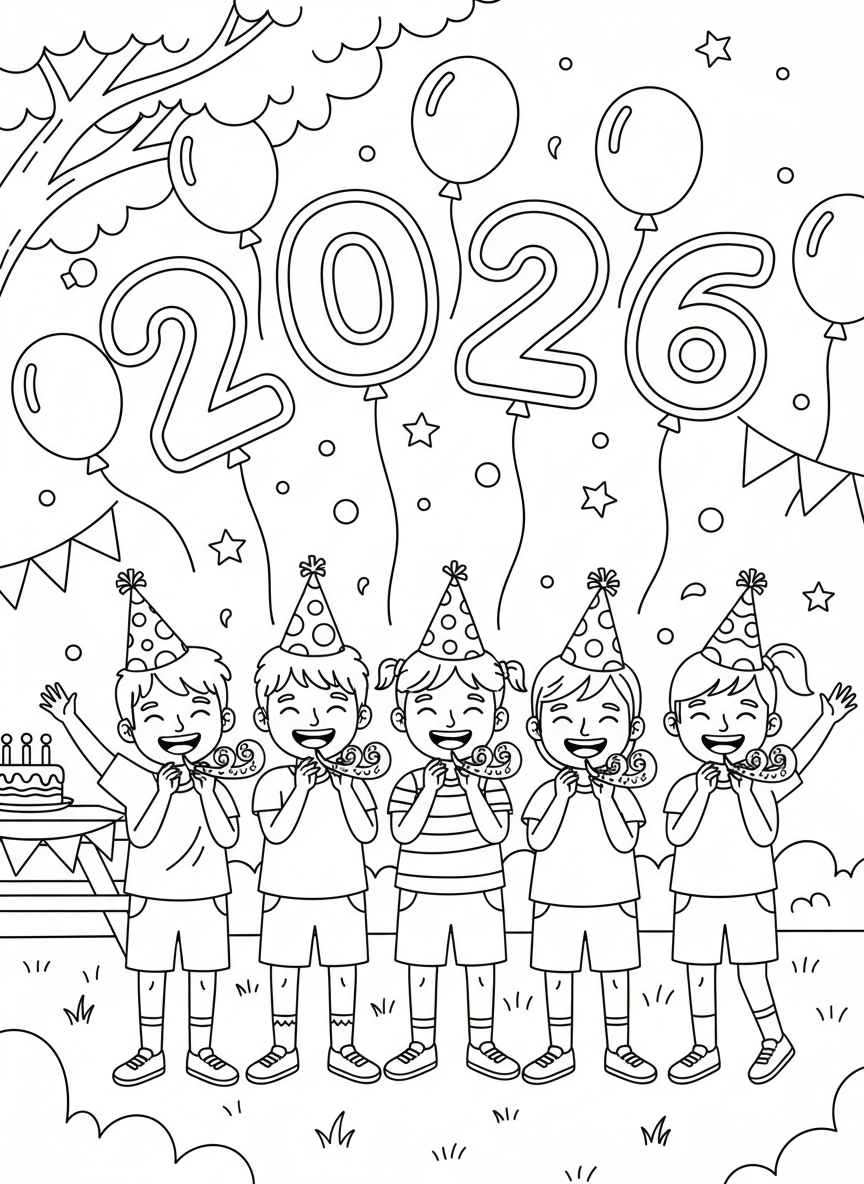 Happy children wearing party hats and blowing noisemakers, with '2026' balloons floating above them in a festive celebration scene.