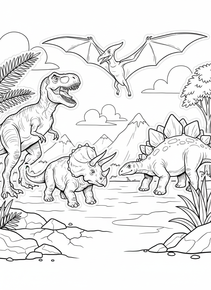 A set of four dinosaur stickers in different poses: T-Rex standing, Triceratops walking, Pterodactyl flying, and Stegosaurus with plates