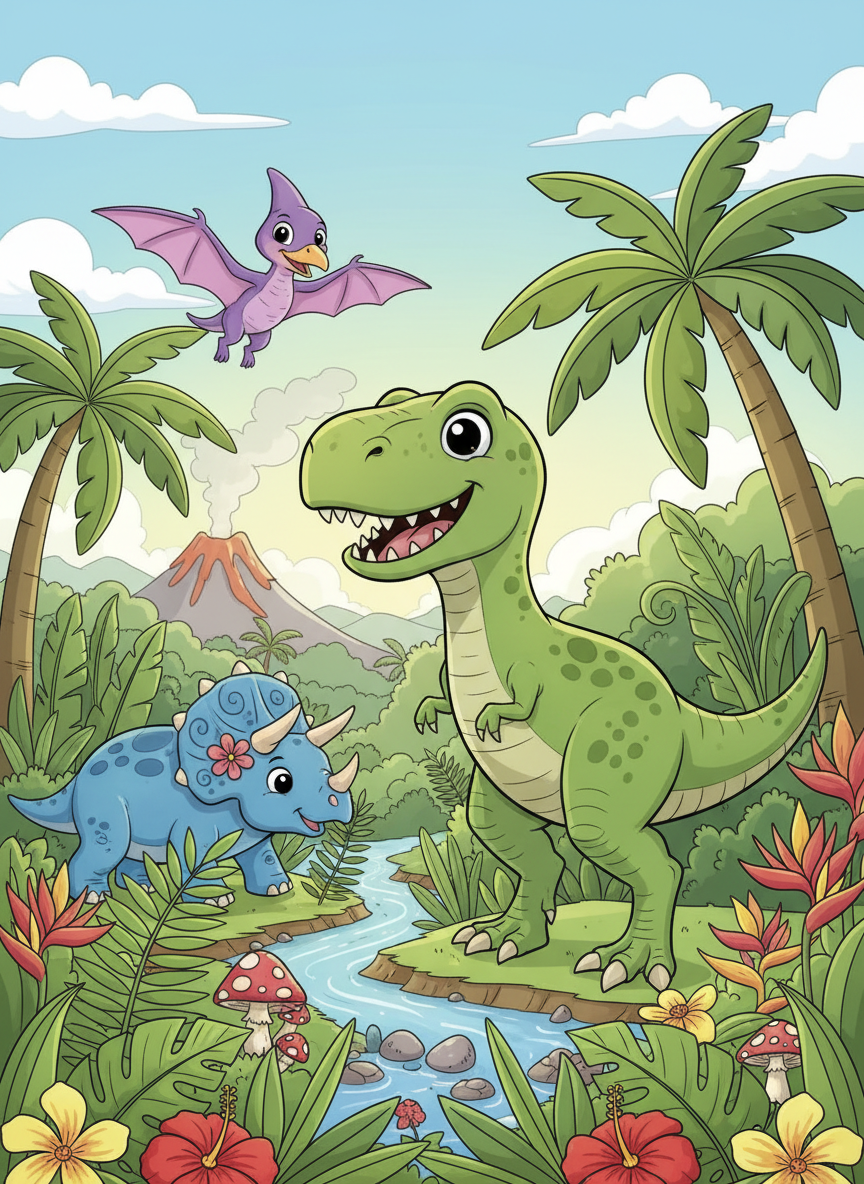 Dinosaur world coloring book cover, full-color illustration with friendly cartoon T-Rex, triceratops, and pterodactyl in a jungle. Title-safe area at top.