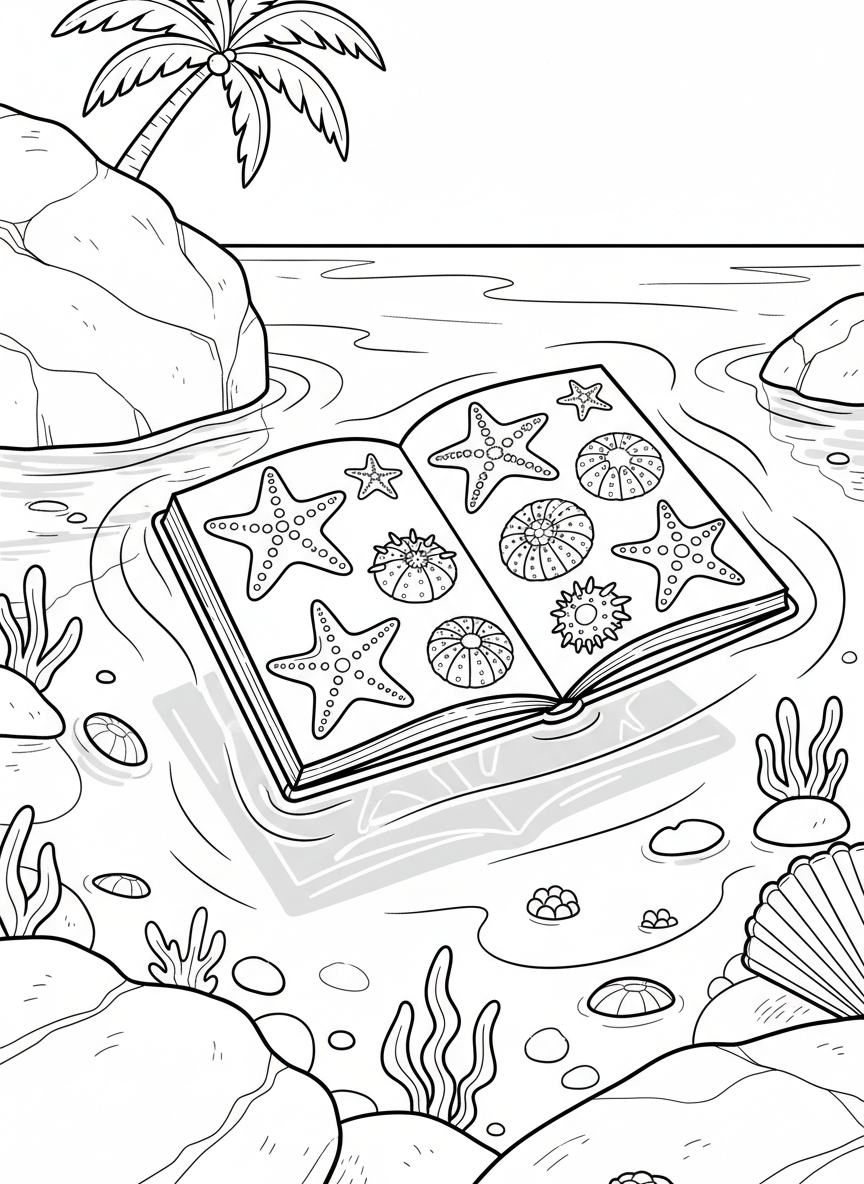A waterproof field guide floating in shallow tide pool water, pages showing colorful illustrations of sea stars and urchins