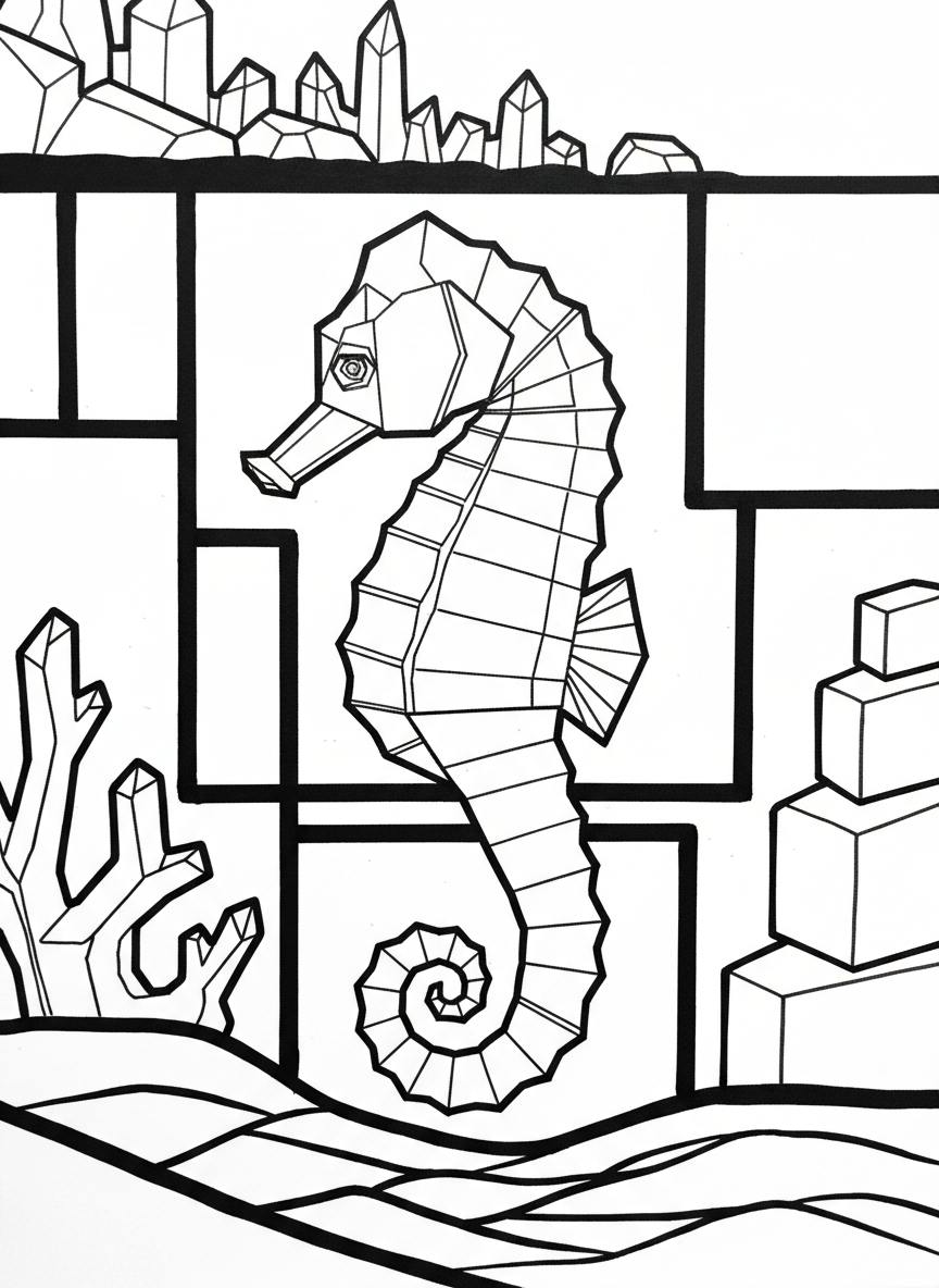 An origami seahorse with curled tail and ridged back, vertical composition with clear geometric segments