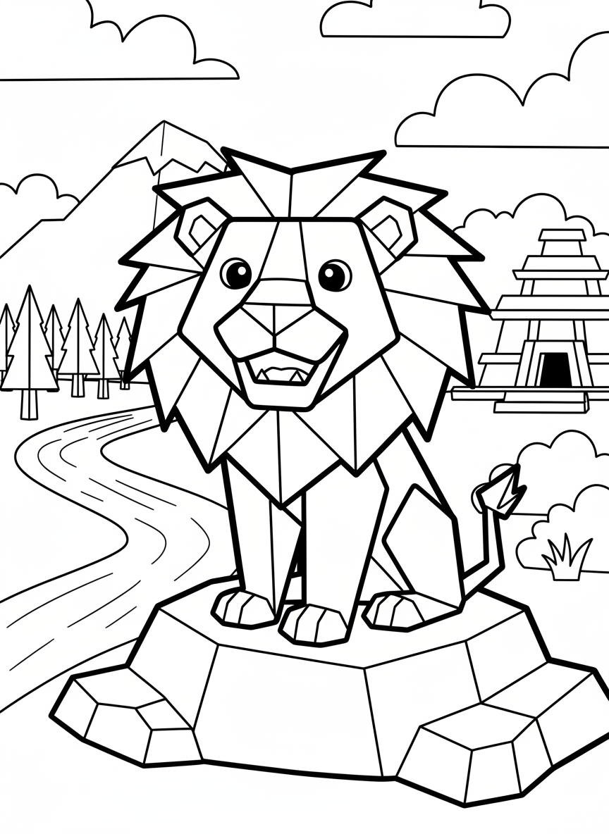 A cute origami lion with a geometric mane made of triangular paper folds, sitting proudly with a friendly expression