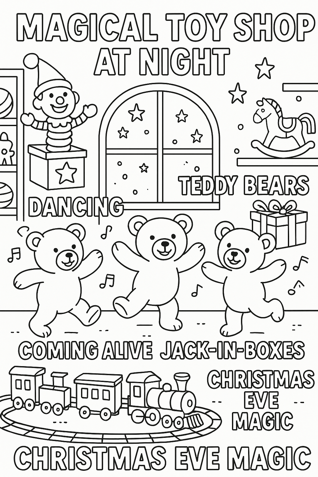 Coloring page: magical toy shop at night, toys coming alive, teddy bears dancing, jack-in-boxes popping, train circling, twinkling stars through window, thick black outlines, whimsical Christmas eve magic