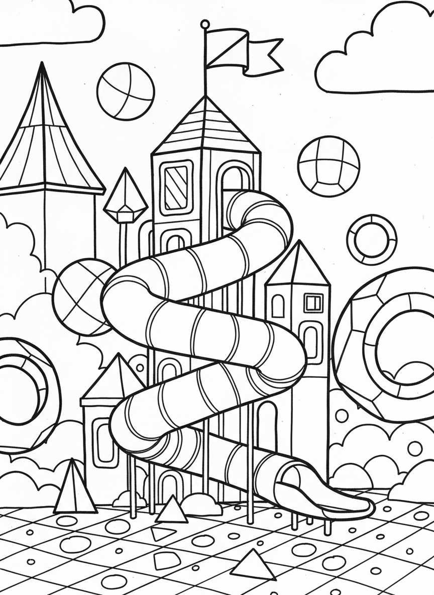A spiral tube slide coming down from a play tower with a flag on top, fun geometric shapes