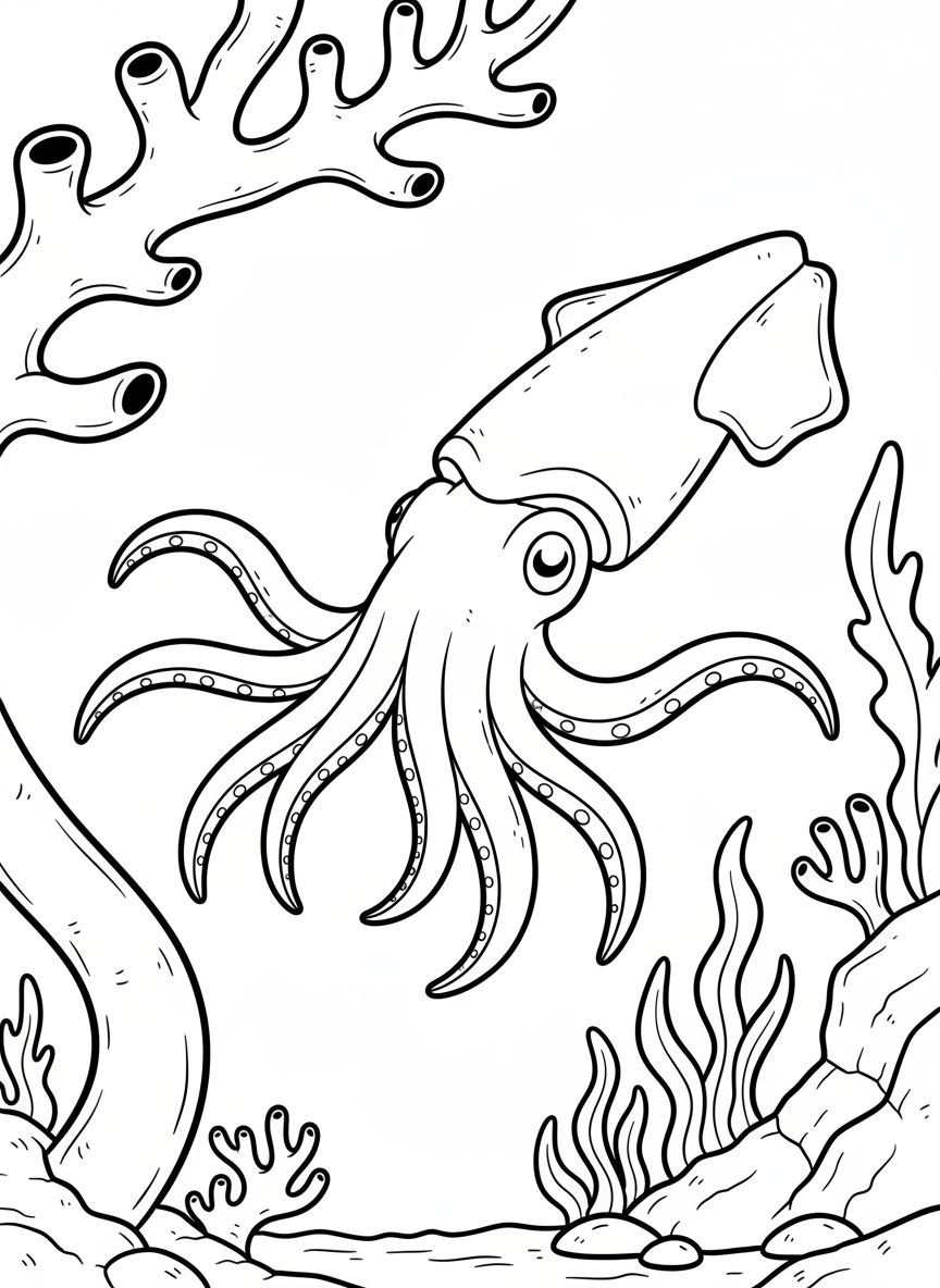 A vampire squid with large fins that look like ears and webbed arms, shown in a calm floating pose with glowing eye spots.