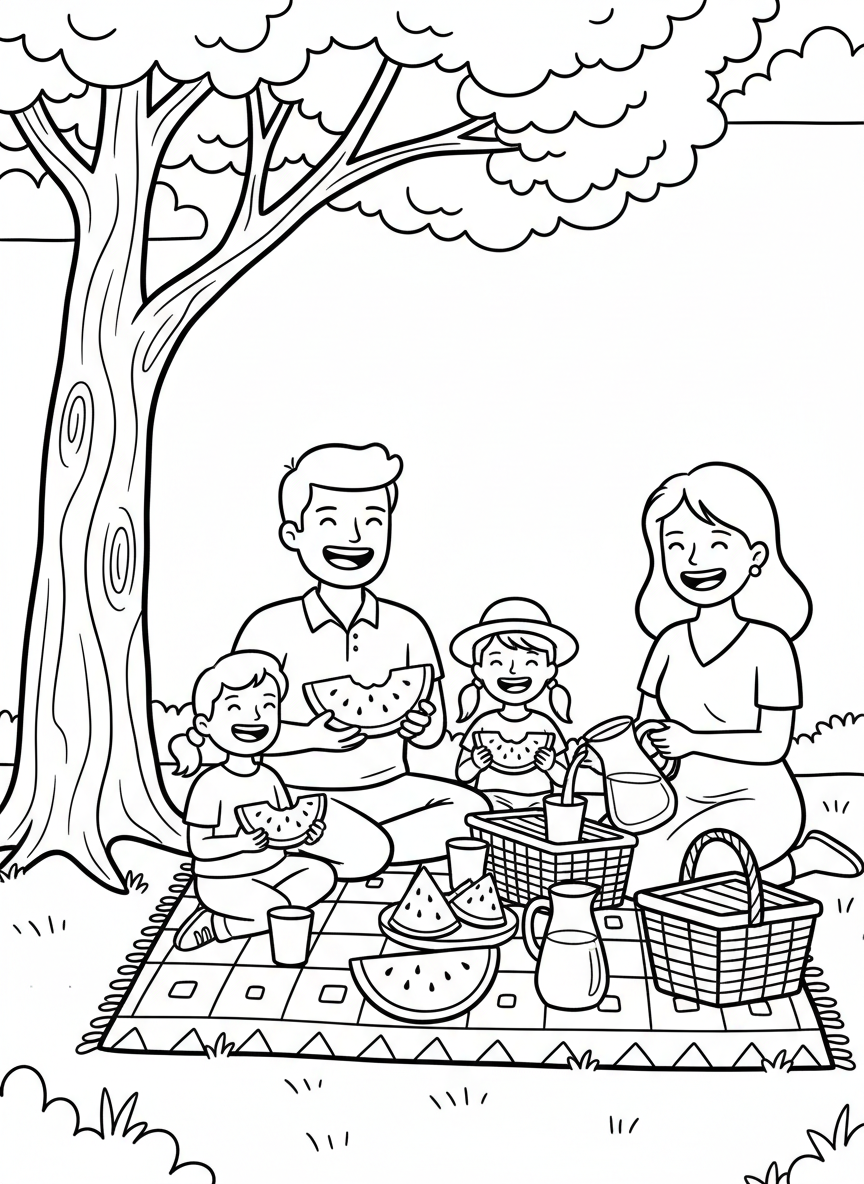 A smiling family having a picnic on a blanket with watermelon slices, lemonade, and a basket, celebrating together outdoors under a tree