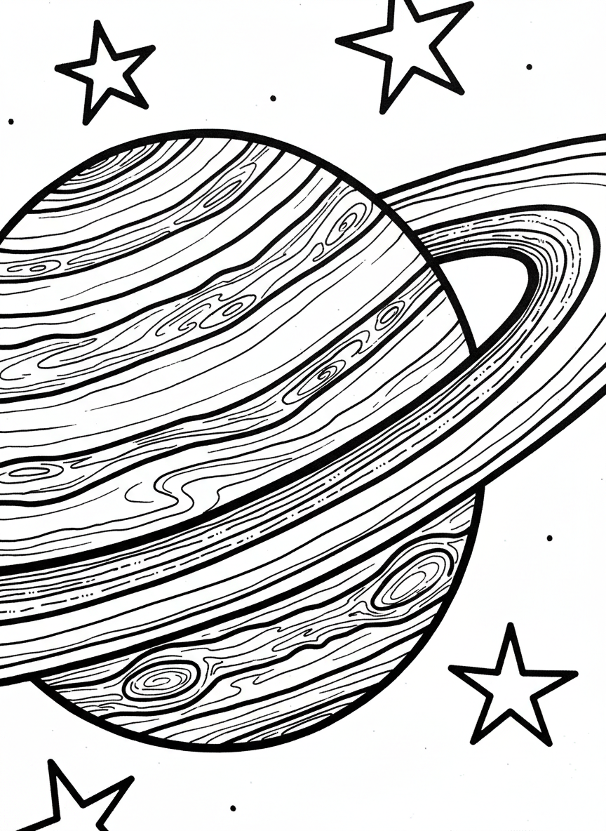 Saturn with its beautiful rings in close-up view, showing ring details and the planet's surface patterns, simple but detailed line art