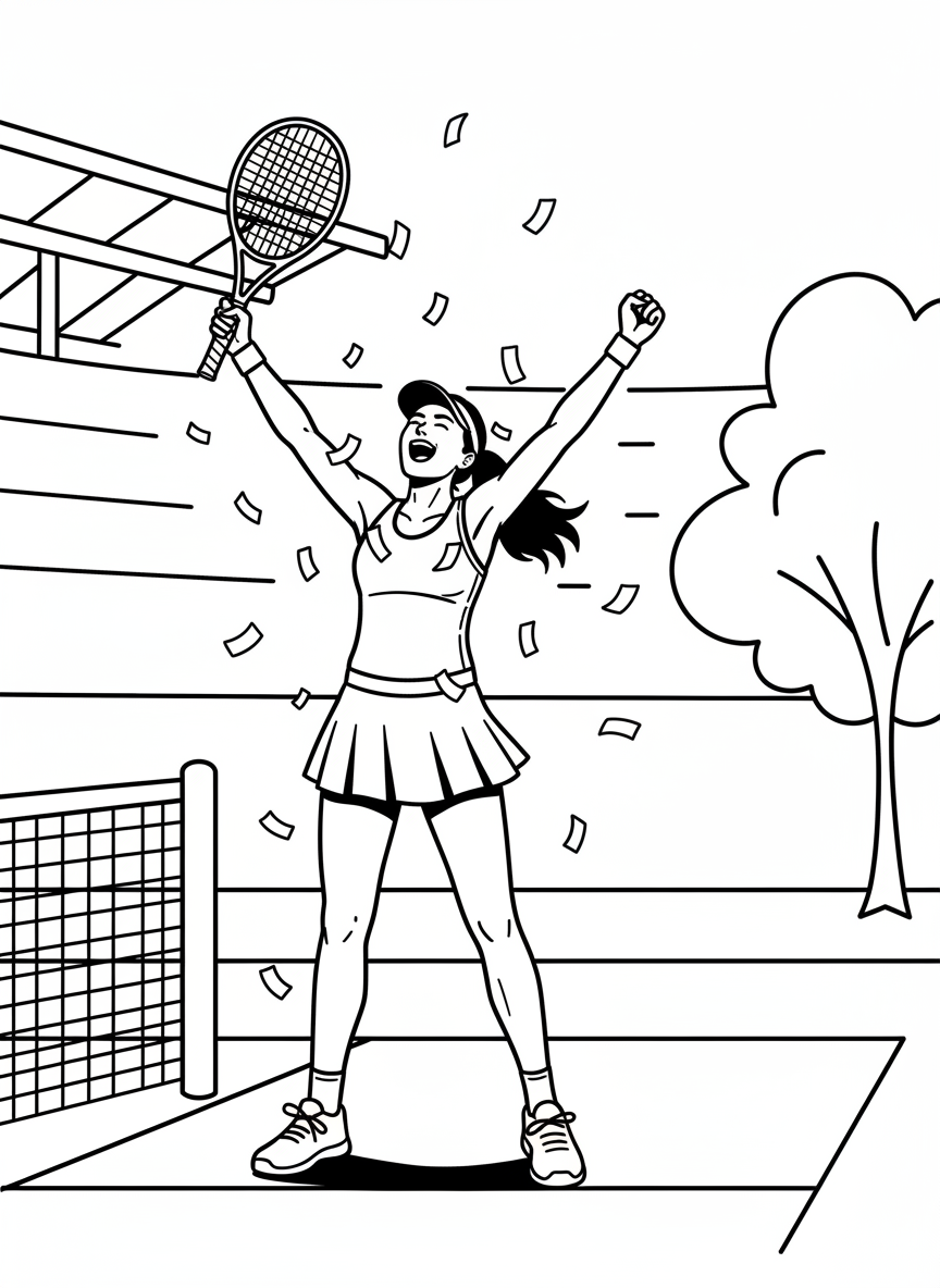 A tennis player celebrating victory with arms raised, holding a racket, with confetti falling around them.