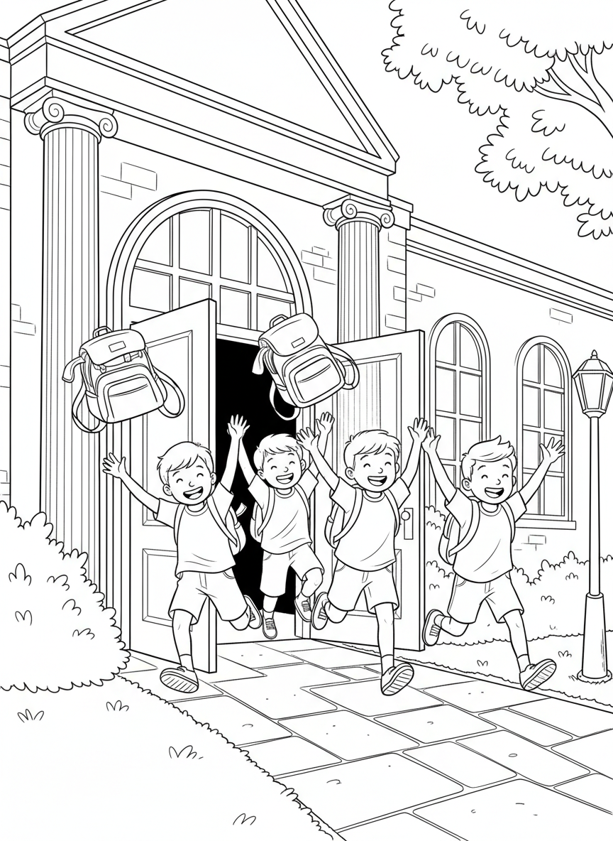 A group of happy children running out of school doors with backpacks flying, arms raised in celebration, school building in background