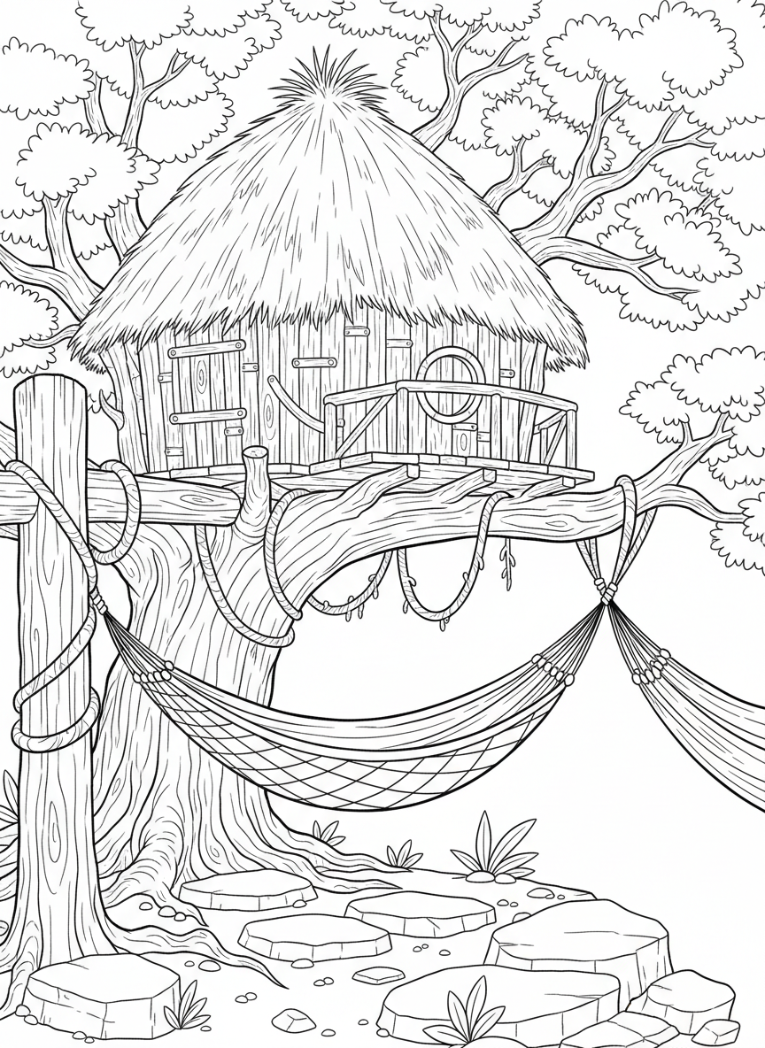 Rustic treehouse made from natural wood planks with a thatched roof, vine decorations, and a hammock stretched between two branches.