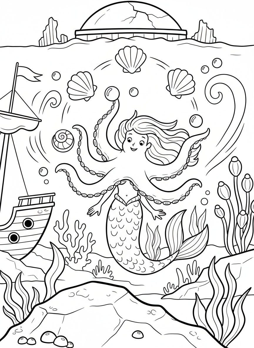 A mermaid playing with a friendly octopus whose tentacles are juggling seashells and pearls