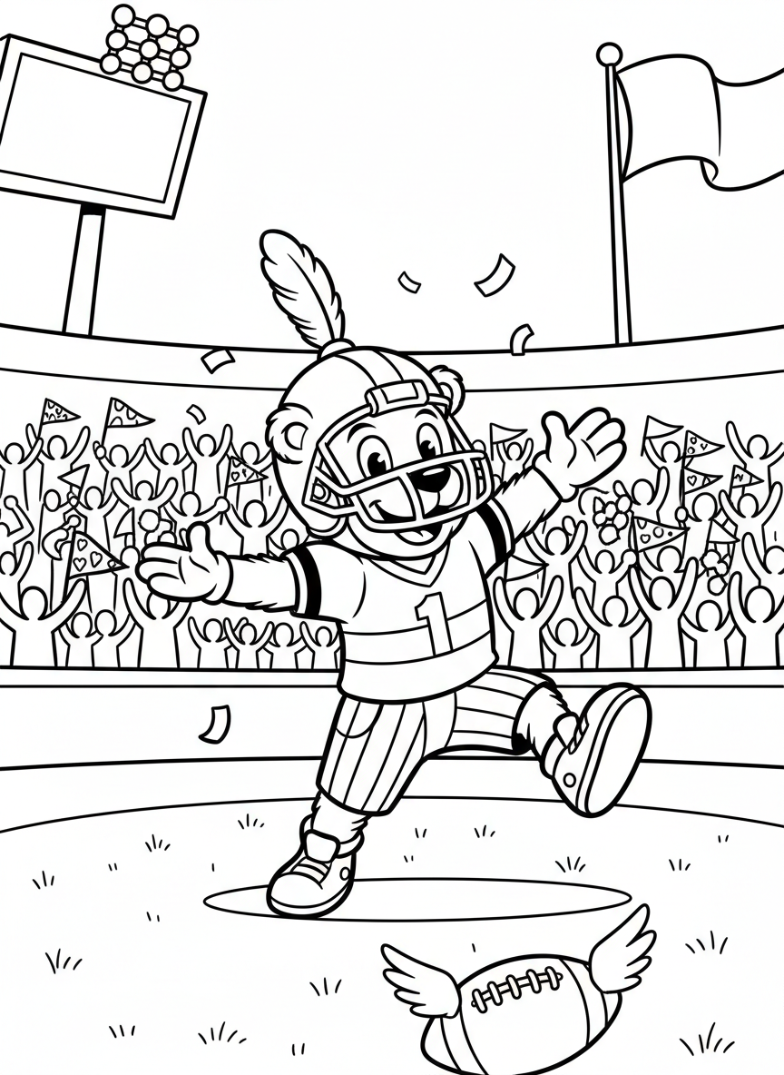 A mascot character dancing and entertaining the crowd during halftime, fun costume with team spirit, playful scene.