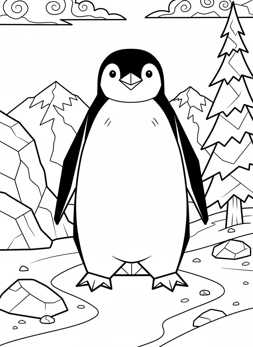 A cute origami penguin standing upright, with black and white sections indicated by fold lines, flippers at sides and webbed feet.