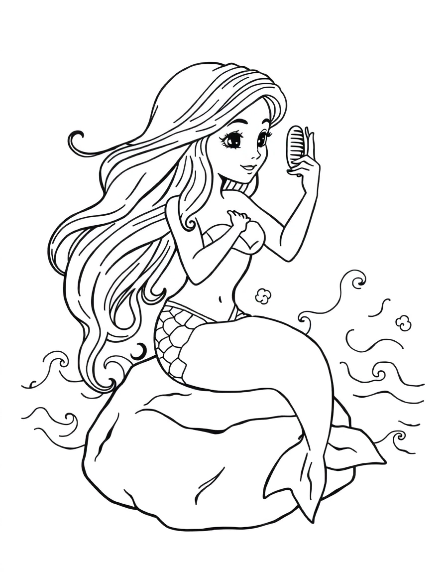 A beautiful mermaid sitting on a rock combing her hair with a seashell comb, waves crashing behind her