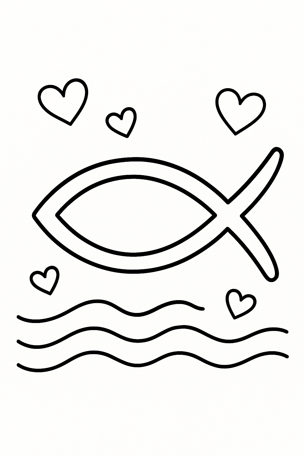 Draw the Christian fish symbol large in the center with waves and hearts around it. Keep text minimal.